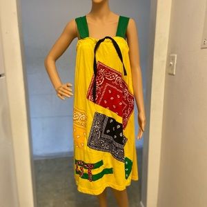YELLOW DRESS TOP WITH GREEN STRAPS AND BLACK STRING BELT and pieces of bandanna